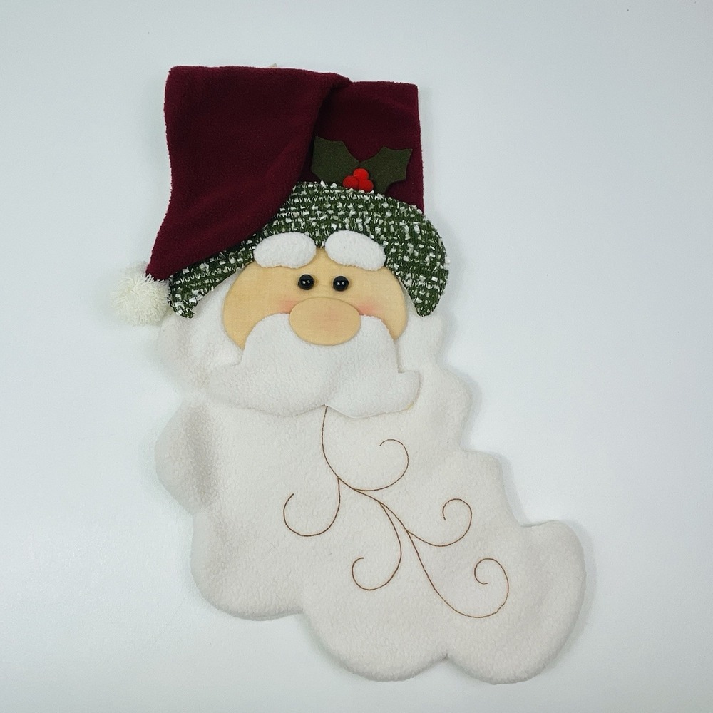 Santa Face Beard Fleece Christmas Stocking 3 D Red Green White Cloth 17x8" - Picture 9 of 11